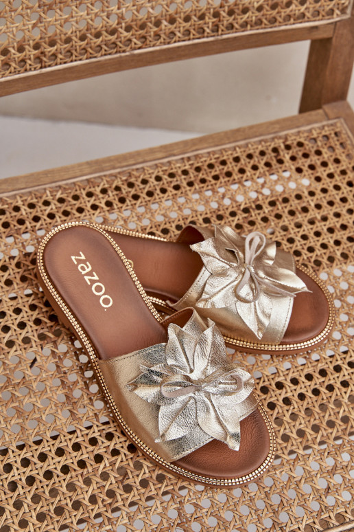 Šlepetės su ornamentais natūralios odos Zazoo 3667 aukso spalvos