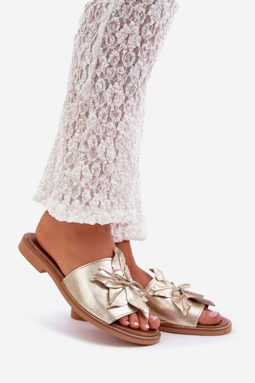 Šlepetės su ornamentais natūralios odos Zazoo 3667 aukso spalvos