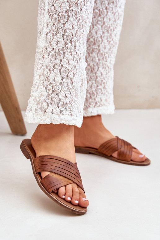 Moteriškos odinės šlepetės LeĮskis Shoes 3682 rudos spalvos