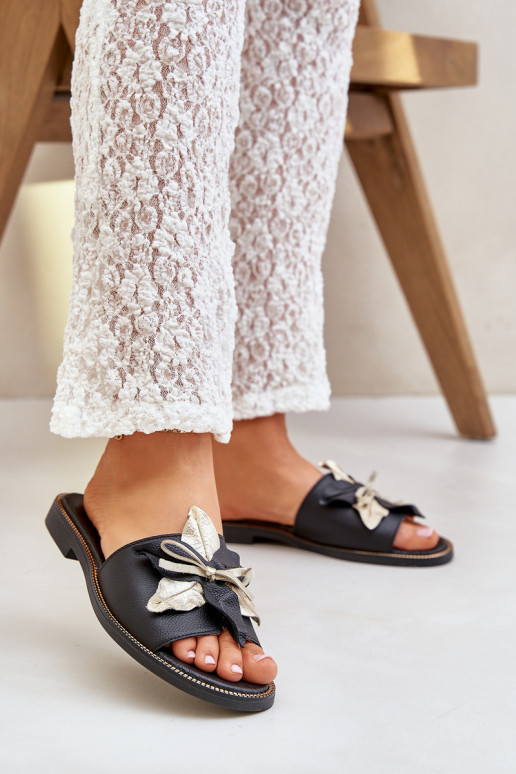 Šlepetės su ornamentais natūralios odos Zazoo 3574/Z Juodos spalvos