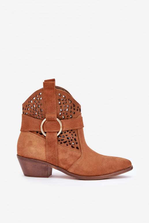 iš zomšos kaubojiško stiliaus aulinukai su aužūro elementais su kulniukais Zazoo 2994 Camel