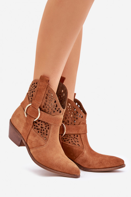 iš zomšos kaubojiško stiliaus aulinukai su aužūro elementais su kulniukais Zazoo 2994 Camel