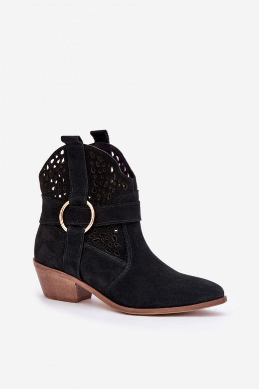 iš zomšos kaubojiško stiliaus aulinukai su aužūro elementais su kulniukais Zazoo 2994 Juodos spalvos