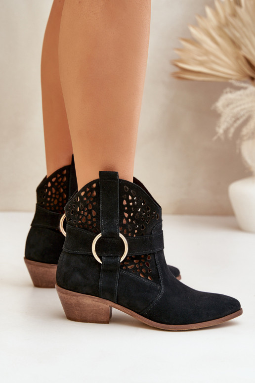 iš zomšos kaubojiško stiliaus aulinukai su aužūro elementais su kulniukais Zazoo 2994 Juodos spalvos