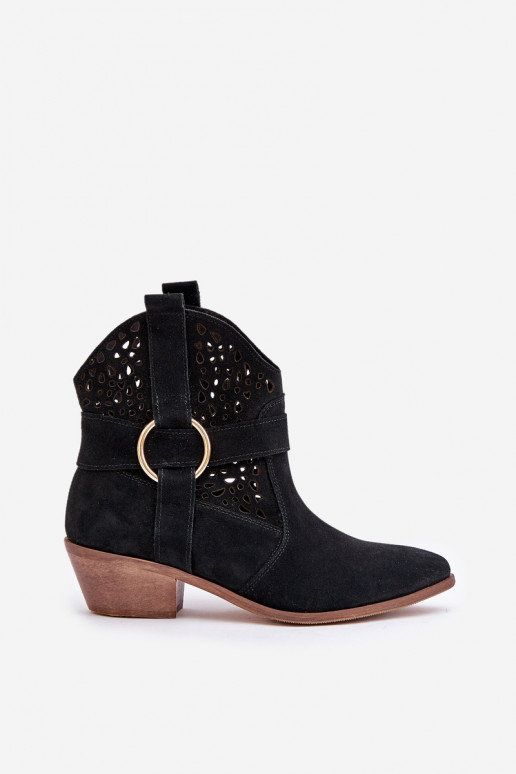 iš zomšos kaubojiško stiliaus aulinukai su aužūro elementais su kulniukais Zazoo 2994 Juodos spalvos