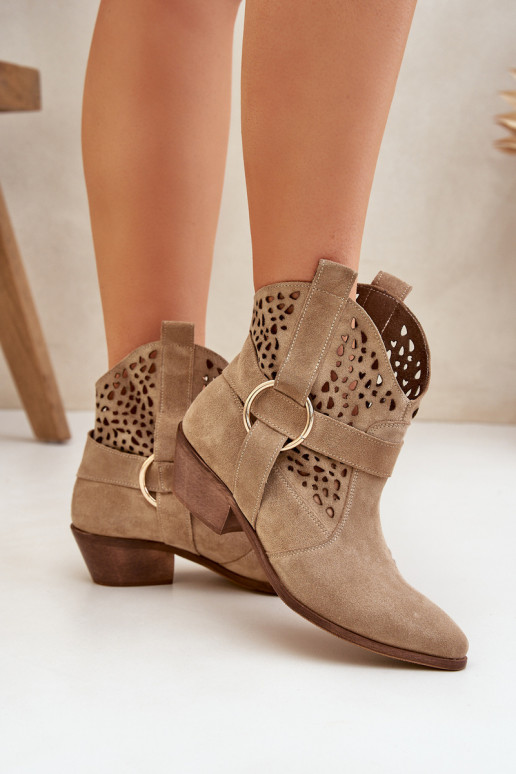 iš zomšos kaubojiško stiliaus aulinukai su aužūro elementais su kulniukais Zazoo 2994 smėlio spalvos