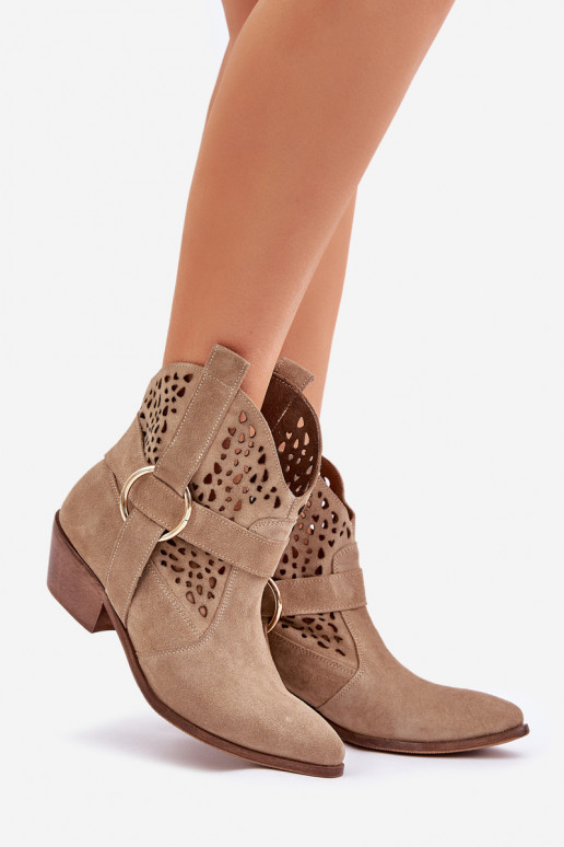 iš zomšos kaubojiško stiliaus aulinukai su aužūro elementais su kulniukais Zazoo 2994 smėlio spalvos