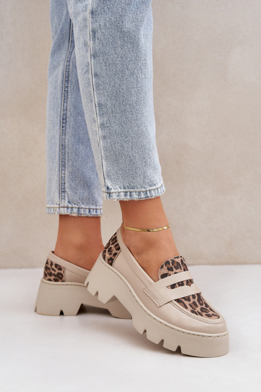   Moteriški mokasinai paaukšintu padu  su leopardo kailio raštais Zazoo 20191 dramblio kaulo spalvos