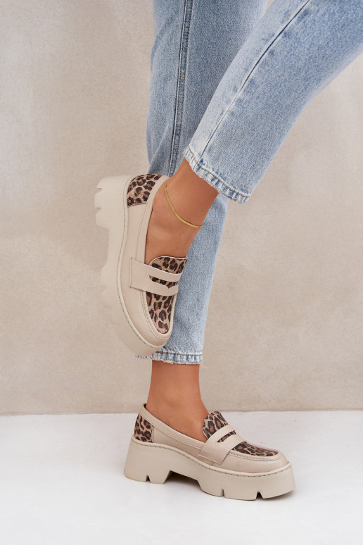   Moteriški mokasinai paaukšintu padu  su leopardo kailio raštais Zazoo 20191 dramblio kaulo spalvos
