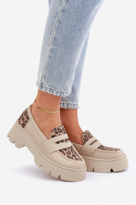   Moteriški mokasinai paaukšintu padu  su leopardo kailio raštais Zazoo 20191 dramblio kaulo spalvos