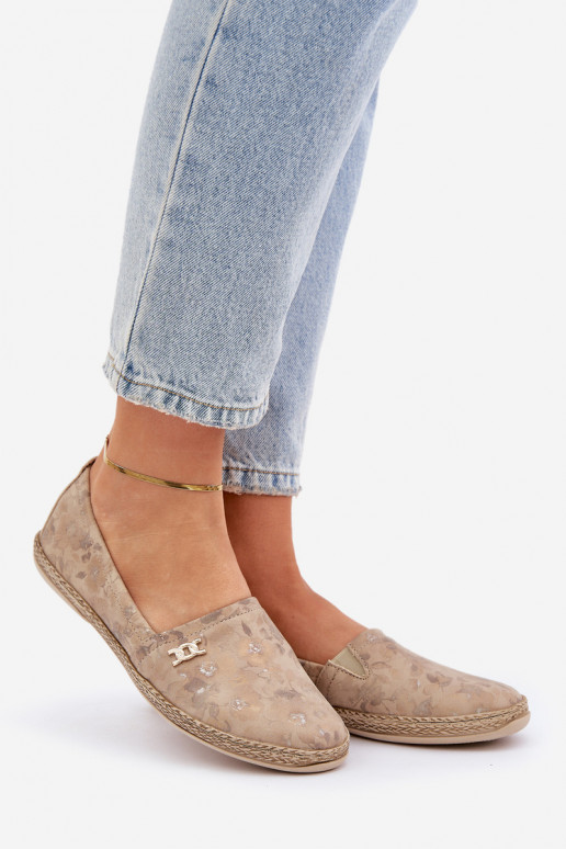 Elegantiško stiliaus Zomšinės espadrilės su gėlytėmis  Zazoo 10177 smėlio spalvos