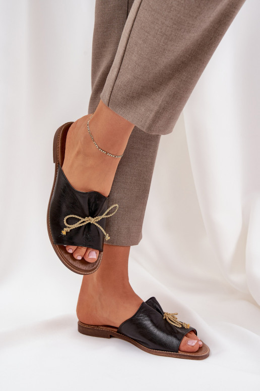   lygiapadžiai Elegantiško stiliaus Šlepetės su kaspinais  3572 Juodos spalvos