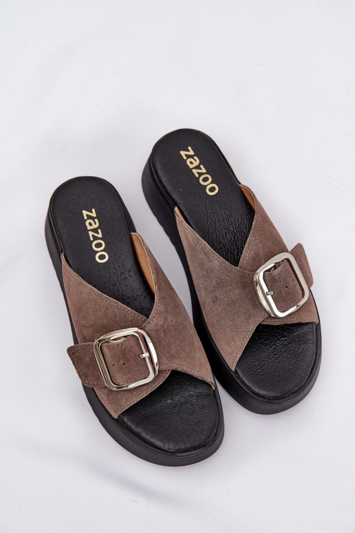 Moteriškos zomšinės šlepetės su sagtimis su platforma Zazoo 3019 rudos spalvos