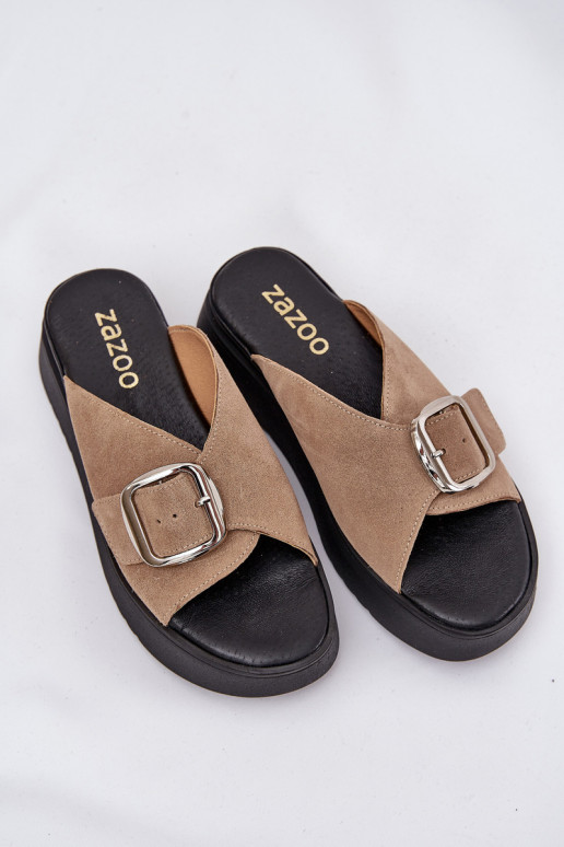 Moteriškos zomšinės šlepetės su sagtimis su platforma Zazoo 3019 smėlio spalvos