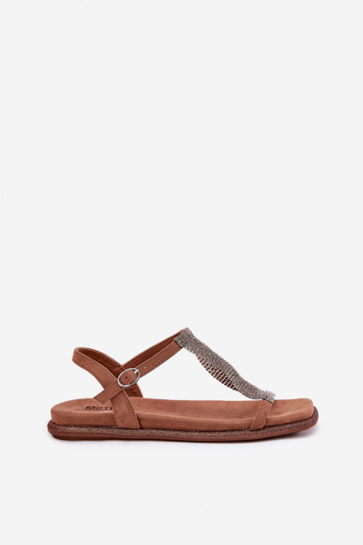 lygiapadžiai Elegantiško stiliaus Moteriškos basutės su spindinčiomis akutėmis Artiker 56C1365 rudos spalvos