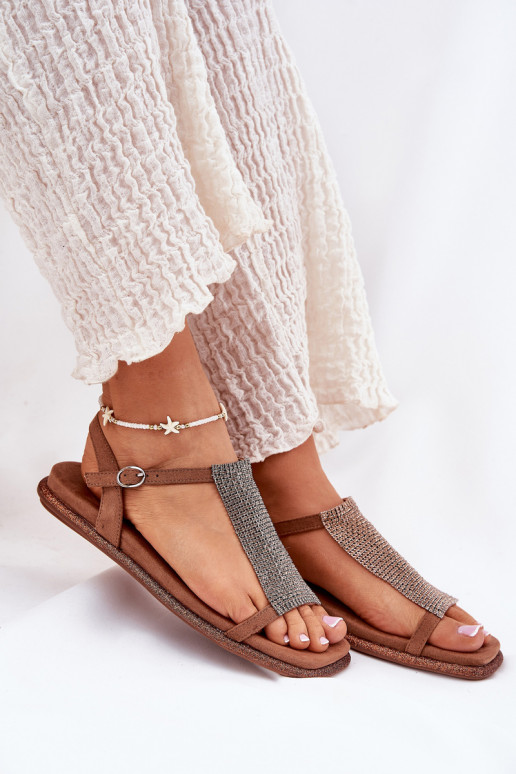 lygiapadžiai Elegantiško stiliaus Moteriškos basutės su spindinčiomis akutėmis Artiker 56C1365 rudos spalvos