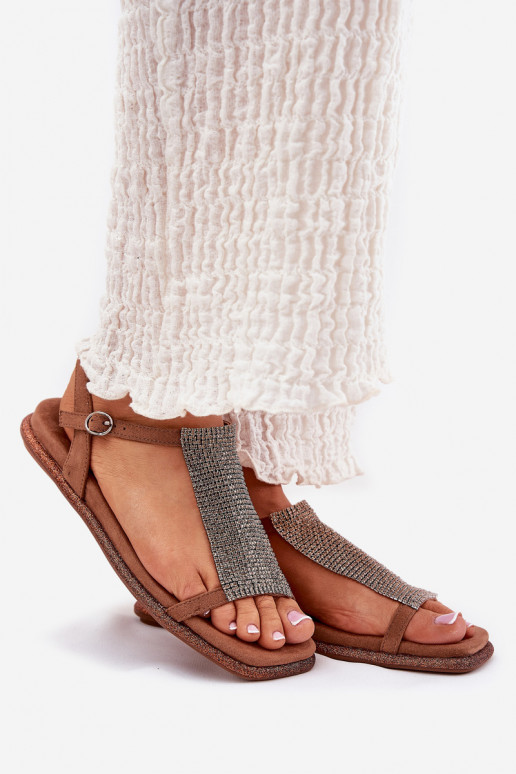 lygiapadžiai Elegantiško stiliaus Moteriškos basutės su spindinčiomis akutėmis Artiker 56C1365 rudos spalvos