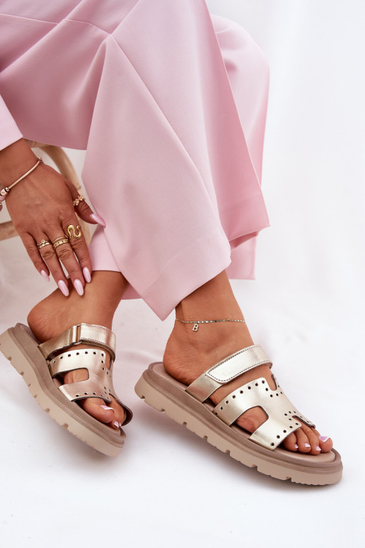 Moteriškos šlepetės Z Naturalnej Skóry su platforma Zazoo 40440 aukso spalvos