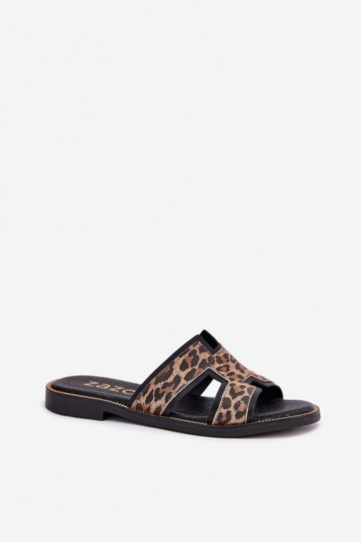 Juodos odinės lygiapadės šlepetės su leopardo raštu Zazoo 40383