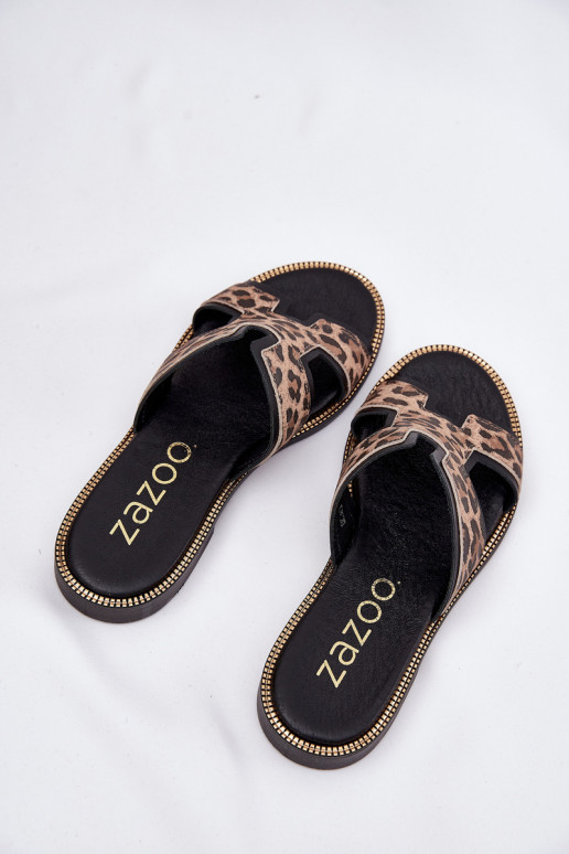 Juodos odinės lygiapadės šlepetės su leopardo raštu Zazoo 40383