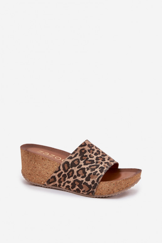 Zazoo 40289 odinės moteriškos šlepetės ant kamštinio kulno su leopardo kailio raštais