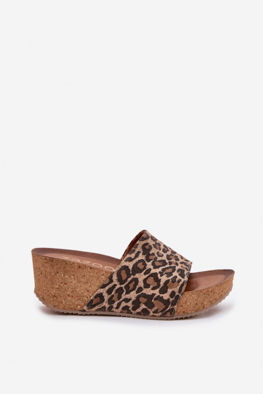 Zazoo 40289 odinės moteriškos šlepetės ant kamštinio kulno su leopardo kailio raštais