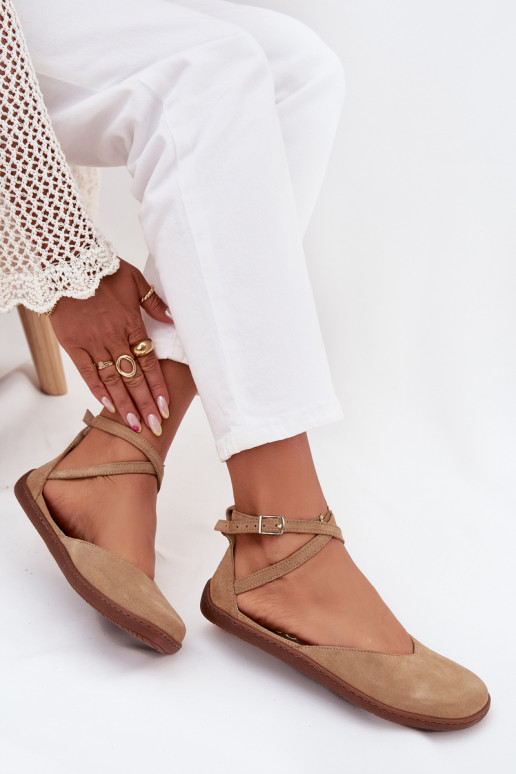 Zomšinės balerinos  Barefoot su juostelėmis Zazoo 191 smėlio spalvos