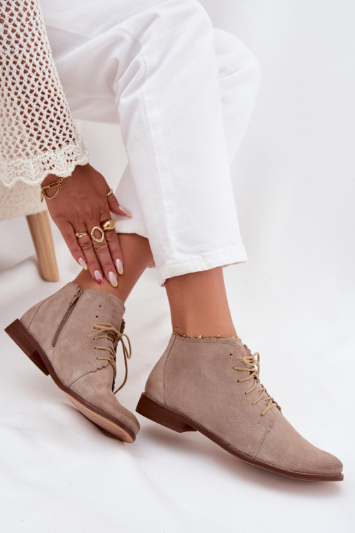 Zomšiniai batai su plačiais kulniukais kapučino spalvos Zazoo 4078