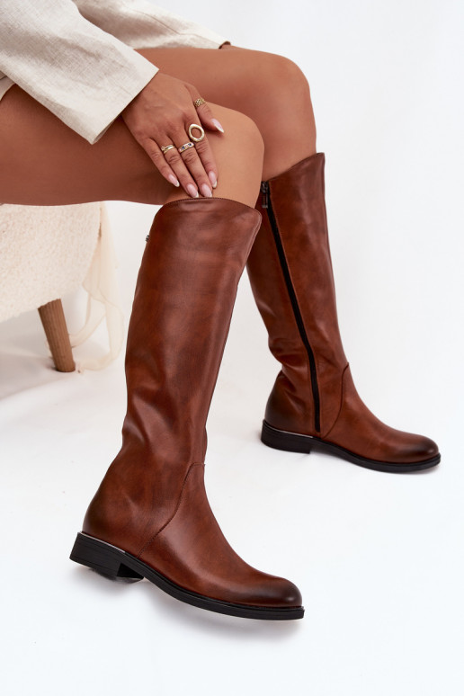   moteriški ilgaauliai batai su plačiais kulniukais pašiltinti Zazoo 70150 rudos spalvos