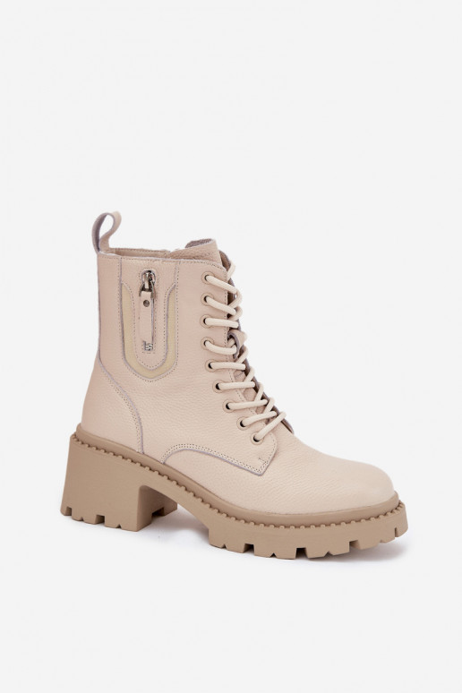 Odiniai moteriški aulinukai su kulnais, šilti Vinceza 86418 smėlio spalvos