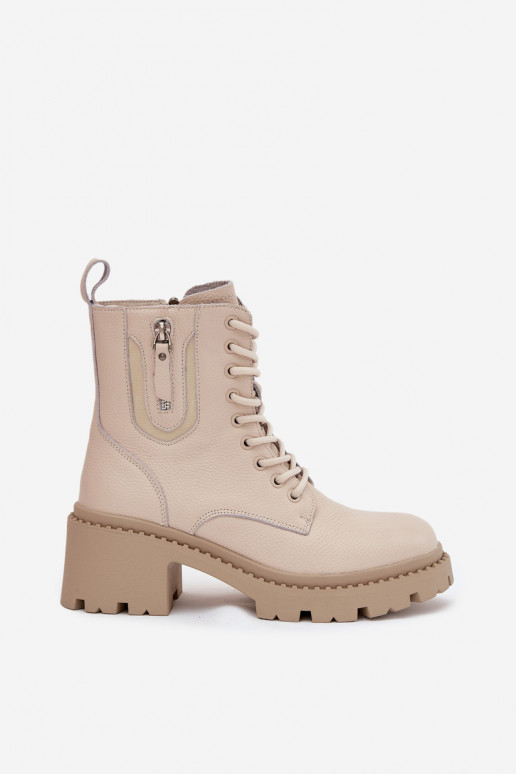 Odiniai moteriški aulinukai su kulnais, šilti Vinceza 86418 smėlio spalvos