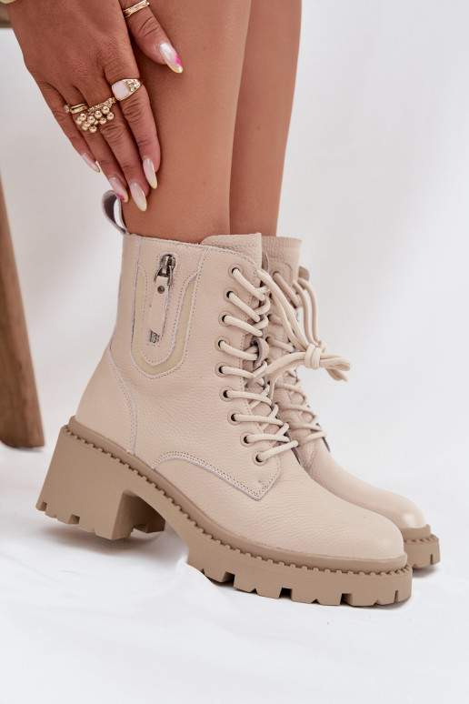 Odiniai moteriški aulinukai su kulnais, šilti Vinceza 86418 smėlio spalvos