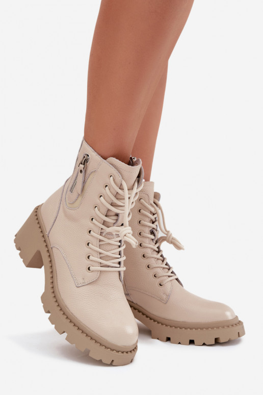 Odiniai moteriški aulinukai su kulnais, šilti Vinceza 86418 smėlio spalvos