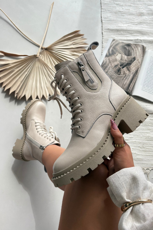 Odiniai moteriški aulinukai su kulnais, šilti Vinceza 86418 smėlio spalvos