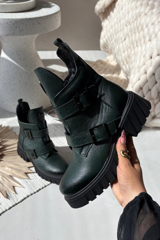 Odiniai pašiltinti moteriški aulinukai su sagtimis ir puošniais detaliais, Zazoo 60482, chaki spalvos