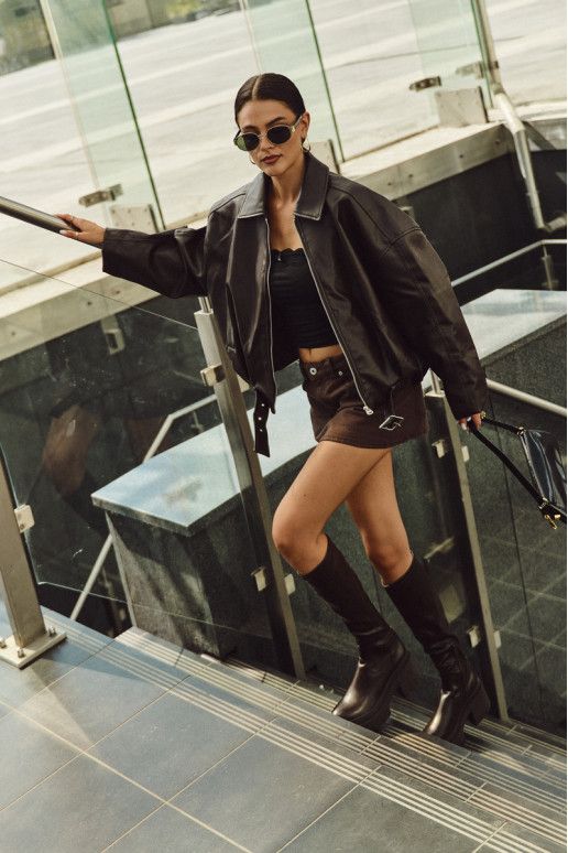 Moteriški ilgaauliai batai ant masyvių kulnų ir platformos įsispiriamo modelio rudos spalvos Florinne