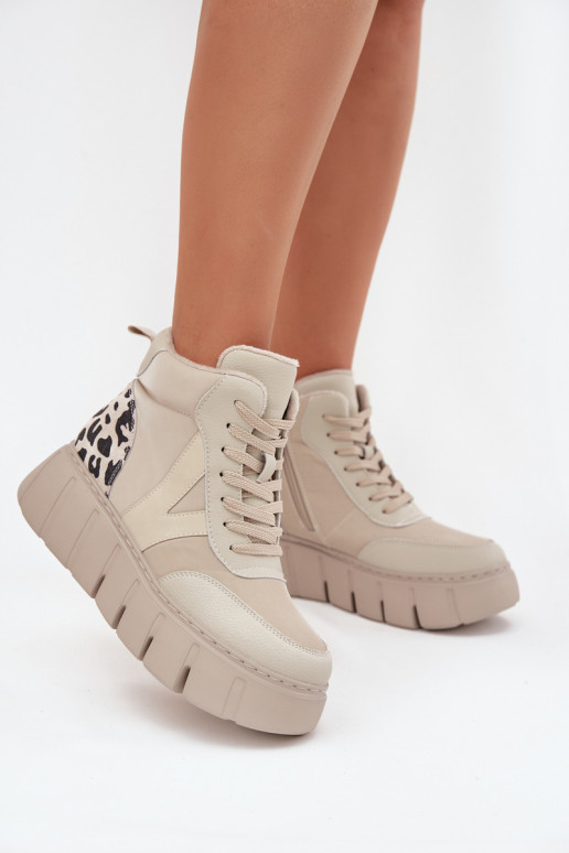 Smėlio spalvos odiniai moteriški šilti aulinukai su platforma Vinceza 66838