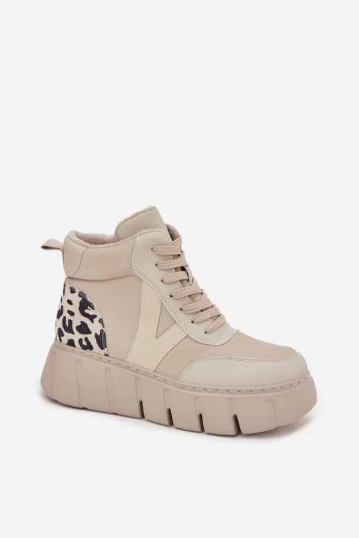 Smėlio spalvos odiniai moteriški šilti aulinukai su platforma Vinceza 66838