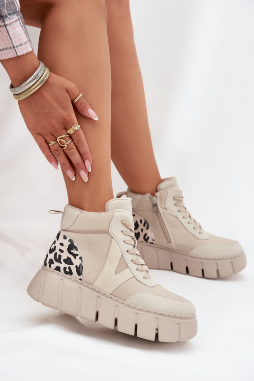 Smėlio spalvos odiniai moteriški šilti aulinukai su platforma Vinceza 66838