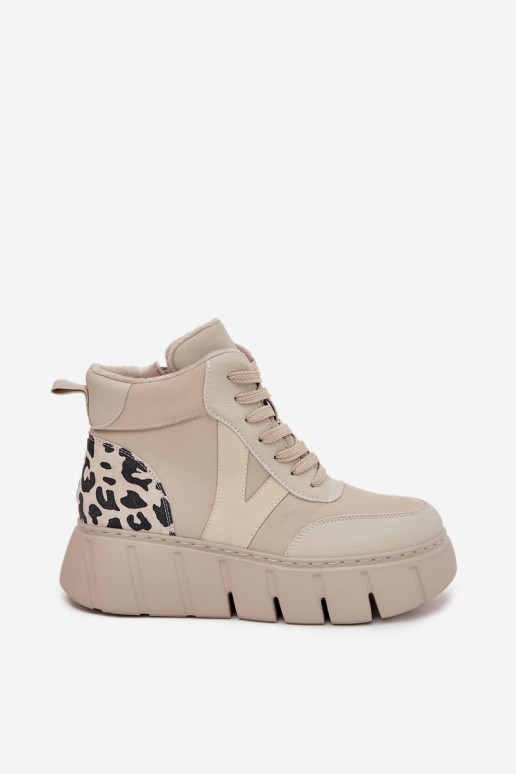 Smėlio spalvos odiniai moteriški šilti aulinukai su platforma Vinceza 66838