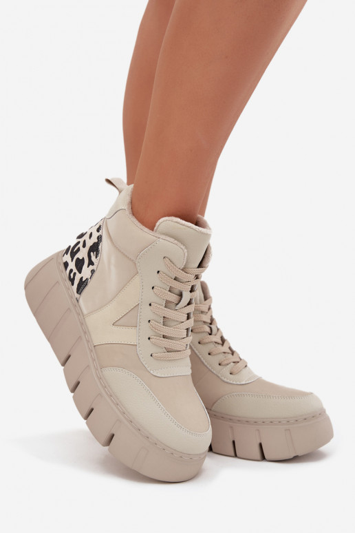 Smėlio spalvos odiniai moteriški šilti aulinukai su platforma Vinceza 66838