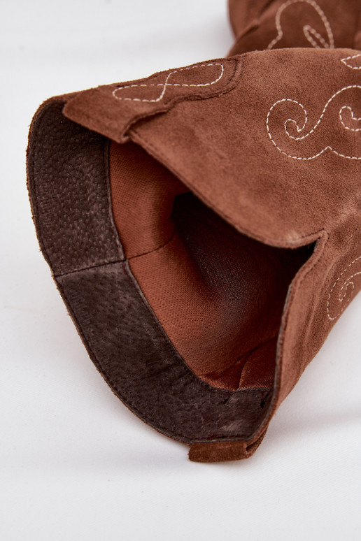 iš zomšos ilgaauliai batai kaubojiško stiliaus  su kulniukais rudos spalvos Karira