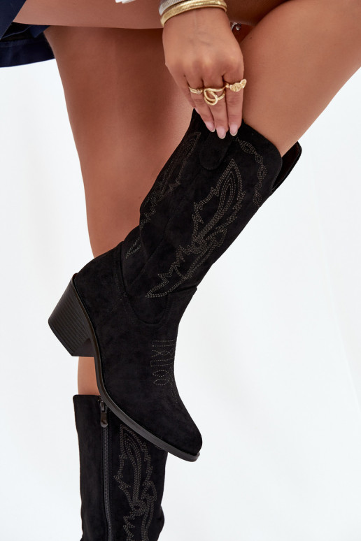 moteriški ilgaauliai kaubojiško stiliaus batai su kulniukais pašiltinti Vinceza 16508 juodos spalvos