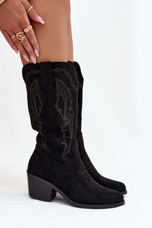 moteriški ilgaauliai kaubojiško stiliaus batai su kulniukais pašiltinti Vinceza 16508 juodos spalvos