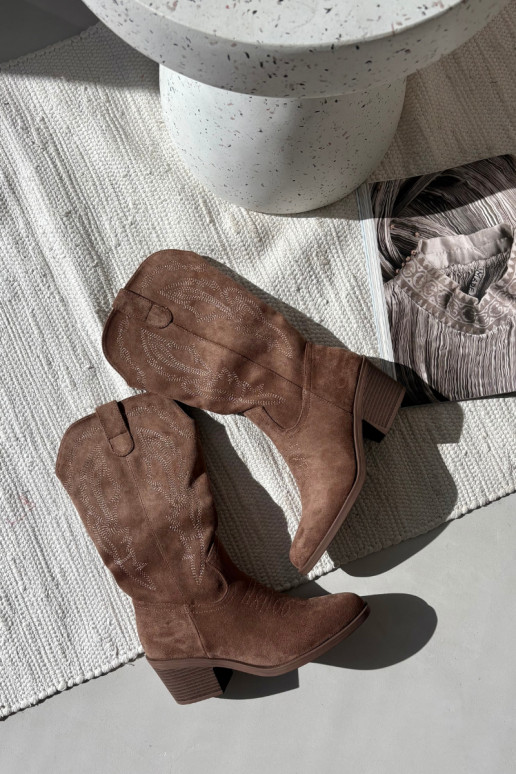 moteriški ilgaauliai kaubojiško stiliaus batai su kulniukais pašiltinti Vinceza 16508 smėlio spalvos