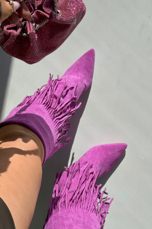 Moteriški ilgaauliai batai su plonais kulniukais ir kutais violetinės spalvos Isalune