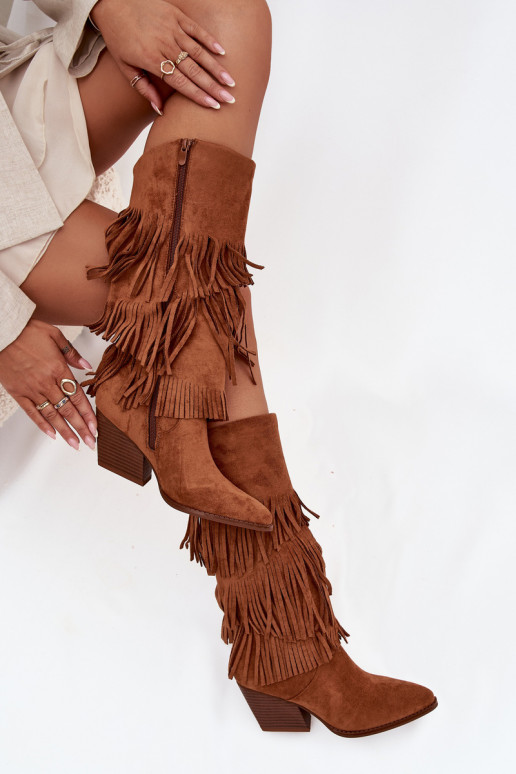 Pašiltinti ilgaauliai kaubojiško stiliaus moteriški batai su kutais rudos spalvos Brivina