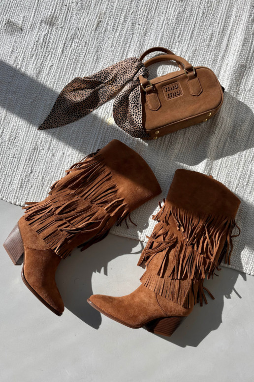 Pašiltinti ilgaauliai kaubojiško stiliaus moteriški batai su kutais rudos spalvos Brivina