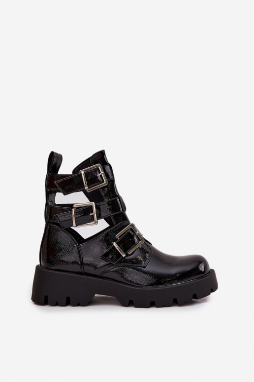 Lakuoti moteriški aulinukai su juostelėmis, sidabro spalvos sagtimis, juodos spalvos "Helisse"