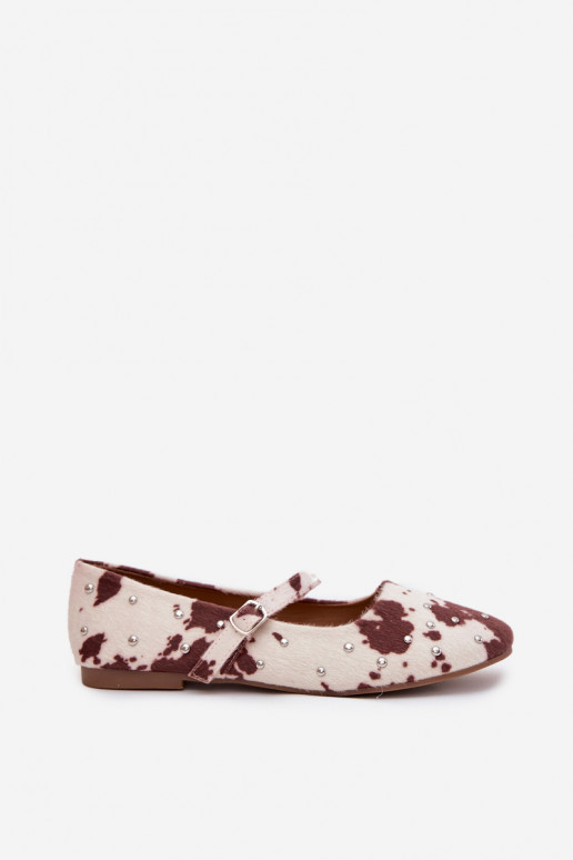 Dekoruotos moteriškos balerinukės su dirželiais raštais baltos-rudos spalvos Olivisse